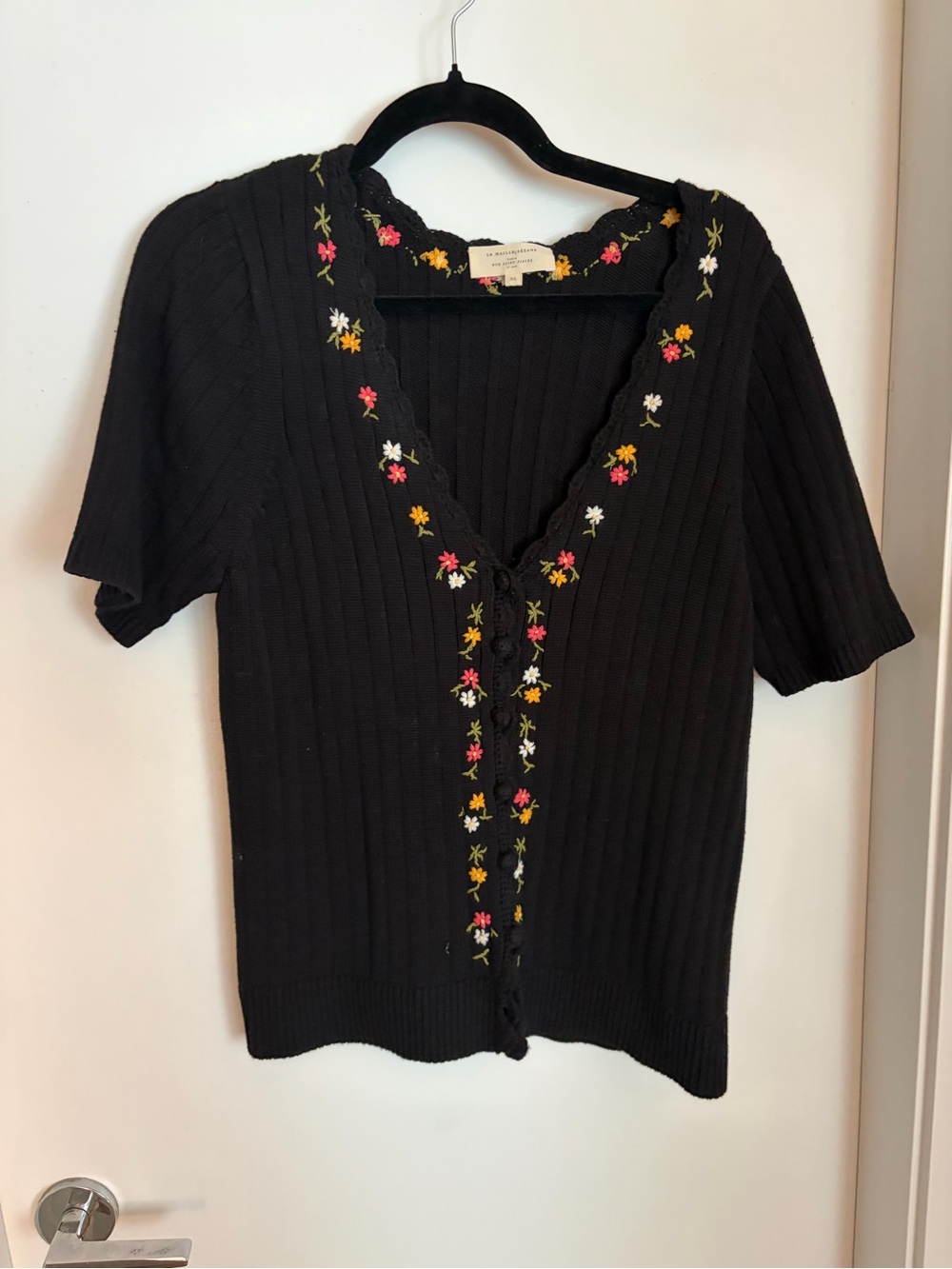 Sezane Black Ribbed Knit Top with Floral Embroidery - Picture 5 of 6